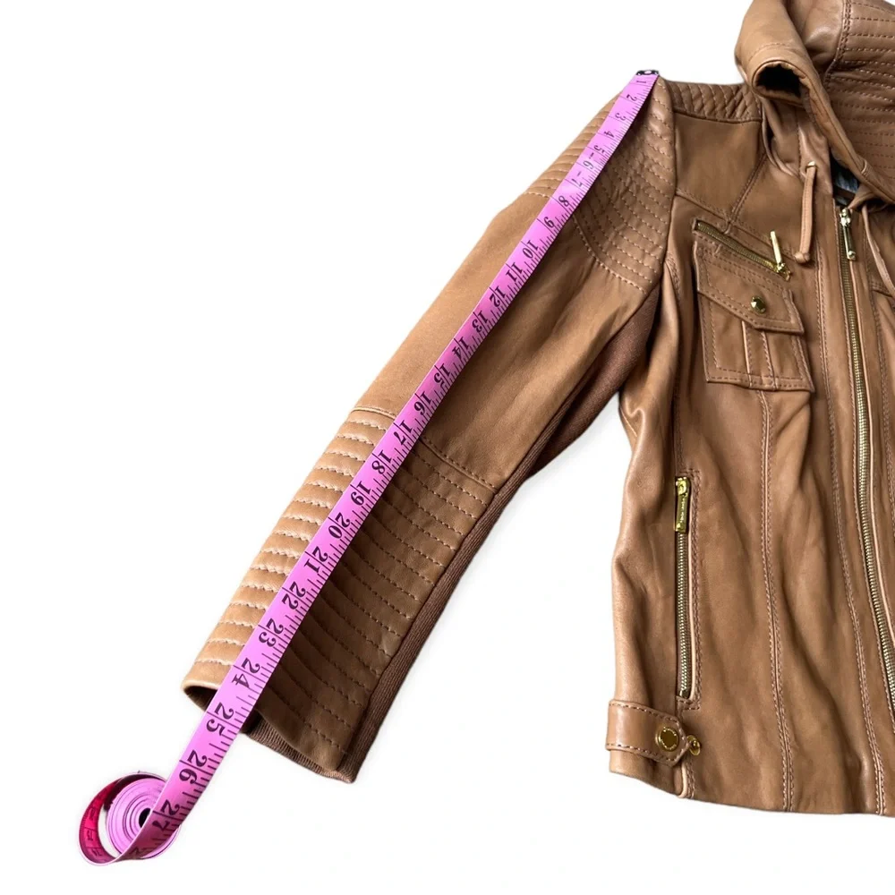 Michael Kors Women’s Brown Leather Hooded Moto Full Zip Jacket, XL - Picture 10 of 10